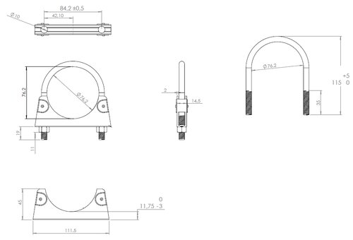 U-Bolt Clamp, Ø=76.2 / L=115, M8, ZINC