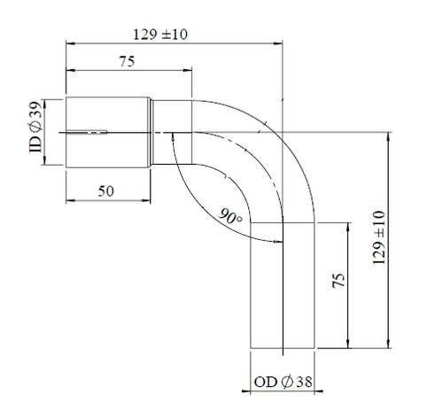 90° Exhaust Bend, OD/ID=38/39, L=129, ALU