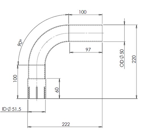 90° Exhaust Bend, OD/ID=50/51.5, L=195, ALU