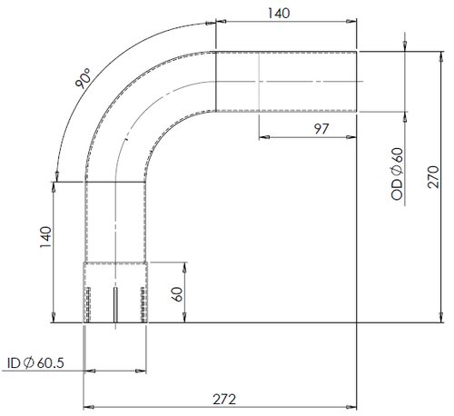 90° Exhaust Bend, OD/ID=60/60.5, L=240, ALU