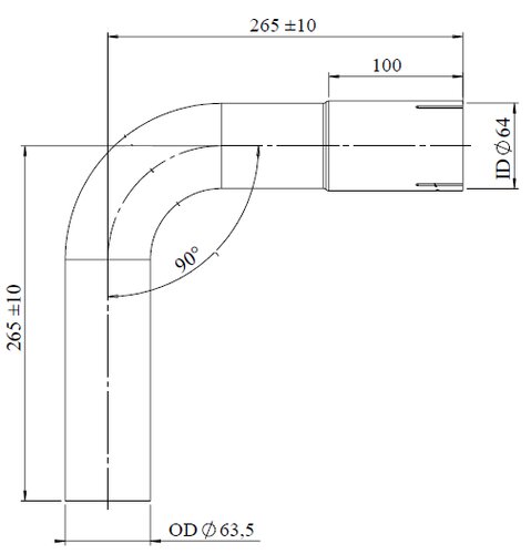 90° Exhaust Bend, OD/ID=63.5/64, L=265, ALU