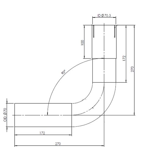 90° Exhaust Bend, OD/ID=70/70.3, L=270, ALU