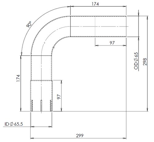 90° Exhaust Bend, OD/ID=65/65.3, L=265, ALU