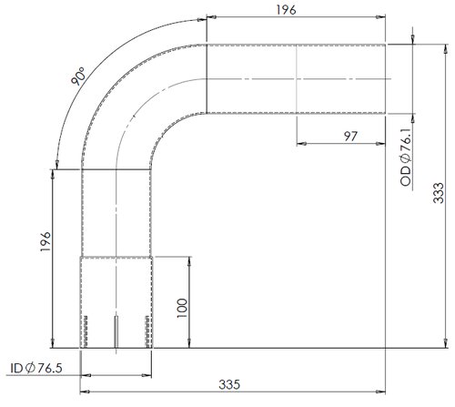 90° Exhaust Bend, OD/ID=76.1/76.5, L=290, ALU