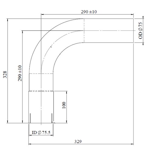 90° Exhaust Bend, OD/ID=75/75.5, L=290, ALU