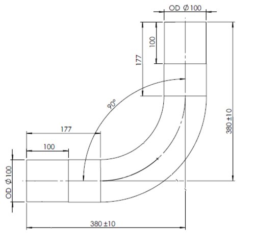 90° Exhaust Bend, OD=100 / L=380, ALU