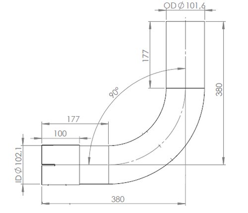 90° Exhaust Bend, OD/ID=101.6/102.1, L=380, ALU