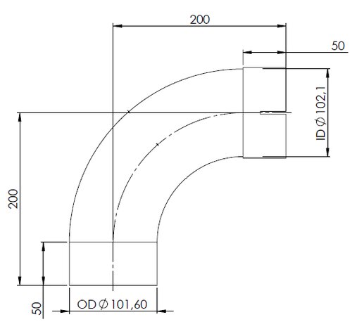 90ø Exhaust Bend, OD/ID=101.6/102.1, L=254, ALU