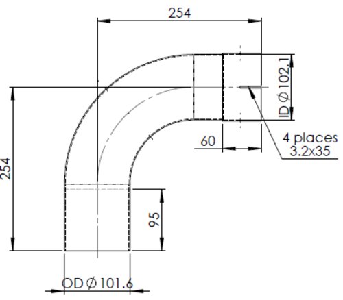 90° Exhaust Bend, OD/ID=101.6/102.1, L=200, ALU