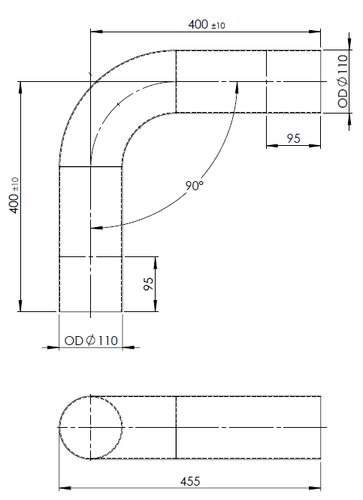 90° Exhaust Bend, OD=110 / L=400, ALU