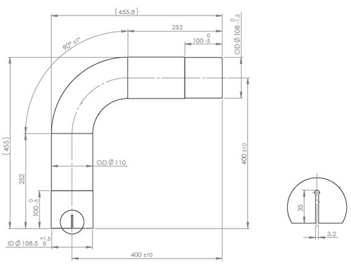 90° Exhaust Bend, OD/ID=108/108.5, L=400, ALU