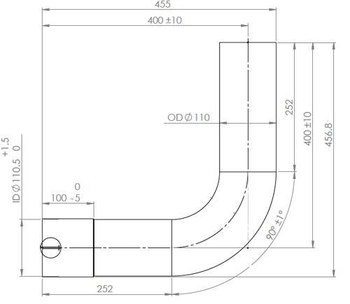 90° Exhaust Bend, OD/ID=110/110.5, L=400, ALU