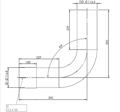 90° Exhaust Bend, OD/ID=114.3/114.8, L=390, ALU