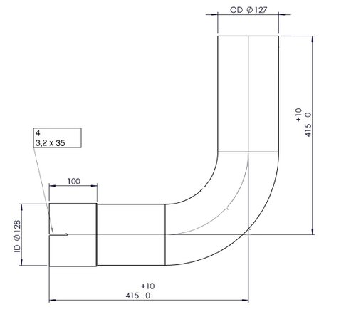 90° Exhaust Bend, OD/ID=127/128, L=415, ALU