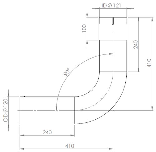 90° Exhaust Bend, OD/ID=120/121, L=410, ALU