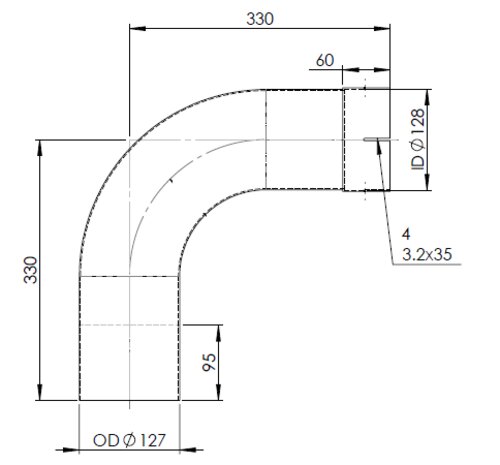 90° Exhaust Bend, OD/ID=127/128, L=330, ALU