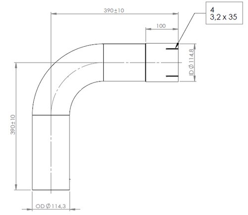 90° Exhaust Bend, OD/ID=114.3/114.8, L=390, SS