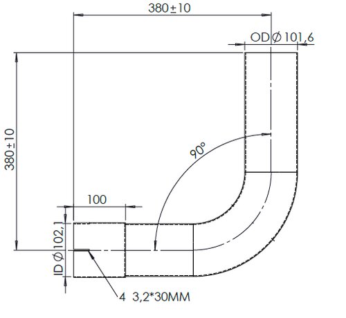 90° Exhaust Bend, OD/ID=101.6/102.1, L=380, SS