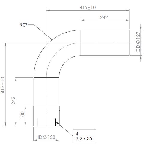 90° Exhaust Bend, OD/ID=127/128, L=415, SS