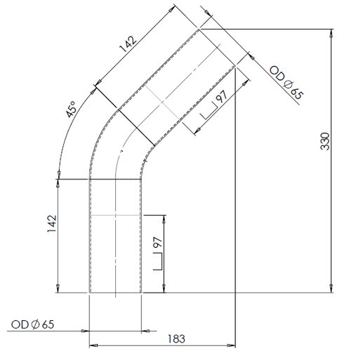 45ø Exhaust Bend, OD=65 / L=180, ALU