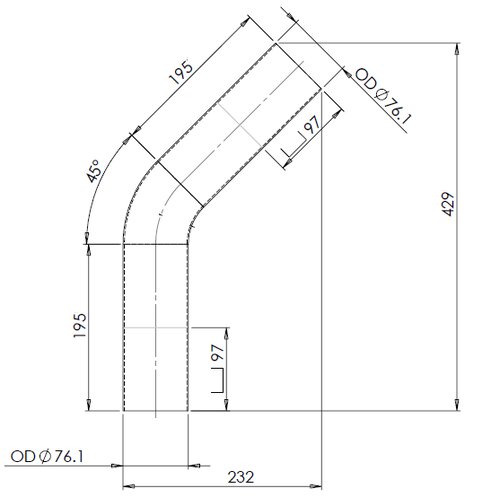 45ø Exhaust Bend, OD=76.2 / L=230, ALU