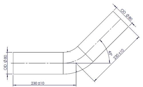 45ø Exhaust Bend, OD=80 / L=230, ALU