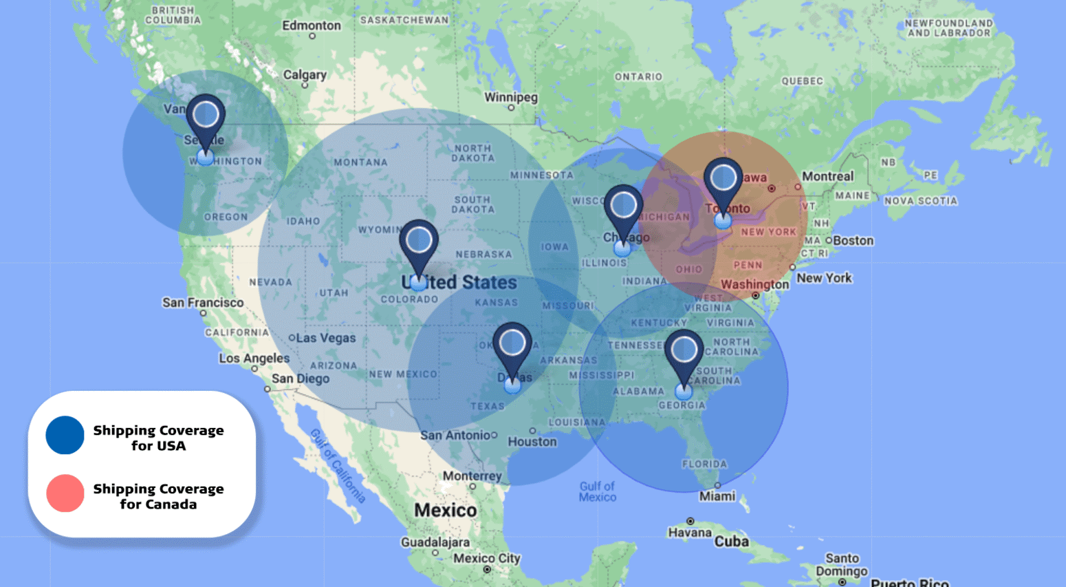 Transit time map for shipping from Dinex warehouses