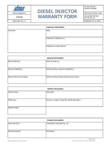 Diesel Injector Warranty Form