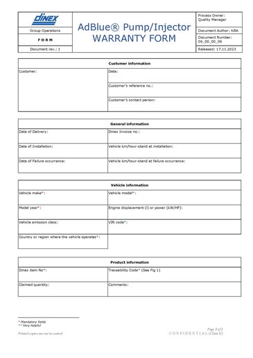 Injectors & Pumps for AdBlue® Warranty Form