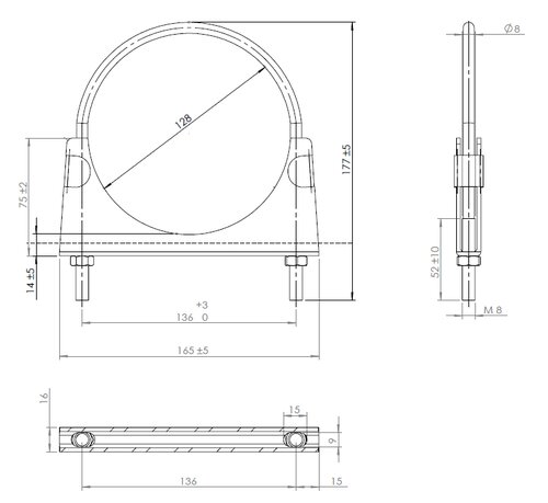 U-Bolt Clamp, Ø=127 / L=165, M8, INOX